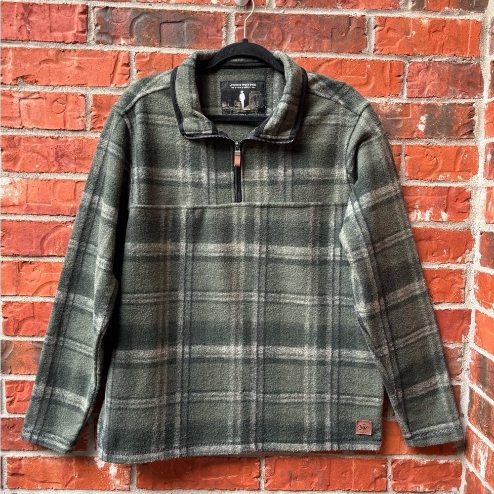John Wayne Mens Medium Green Plaid Fleece Quarter Zip Sweater Ranch Chore Cowboy